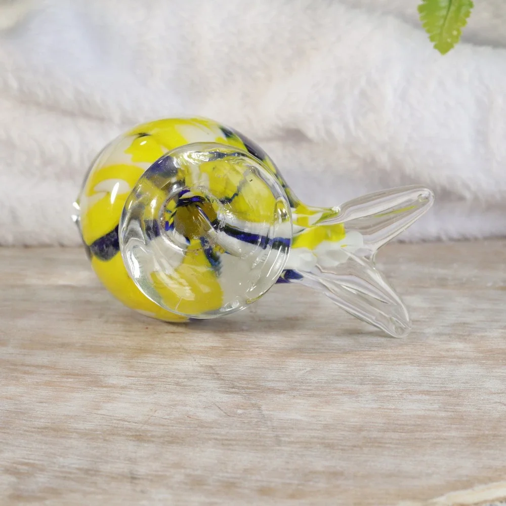 Art Glass Bird Figurine Yellow Blue White Confetti Murano Style Paperweight